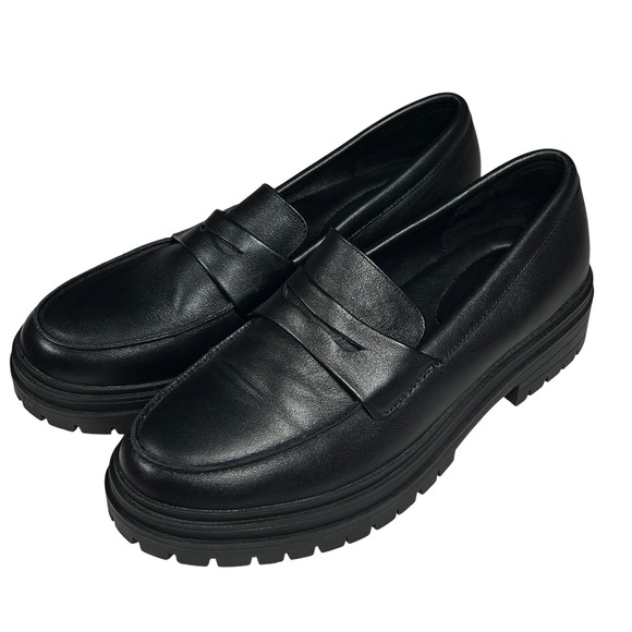 Quince Shoes - Quince Lug Sole Penny Loafers Womens 8 Black Leather Chunky Platform Shoes